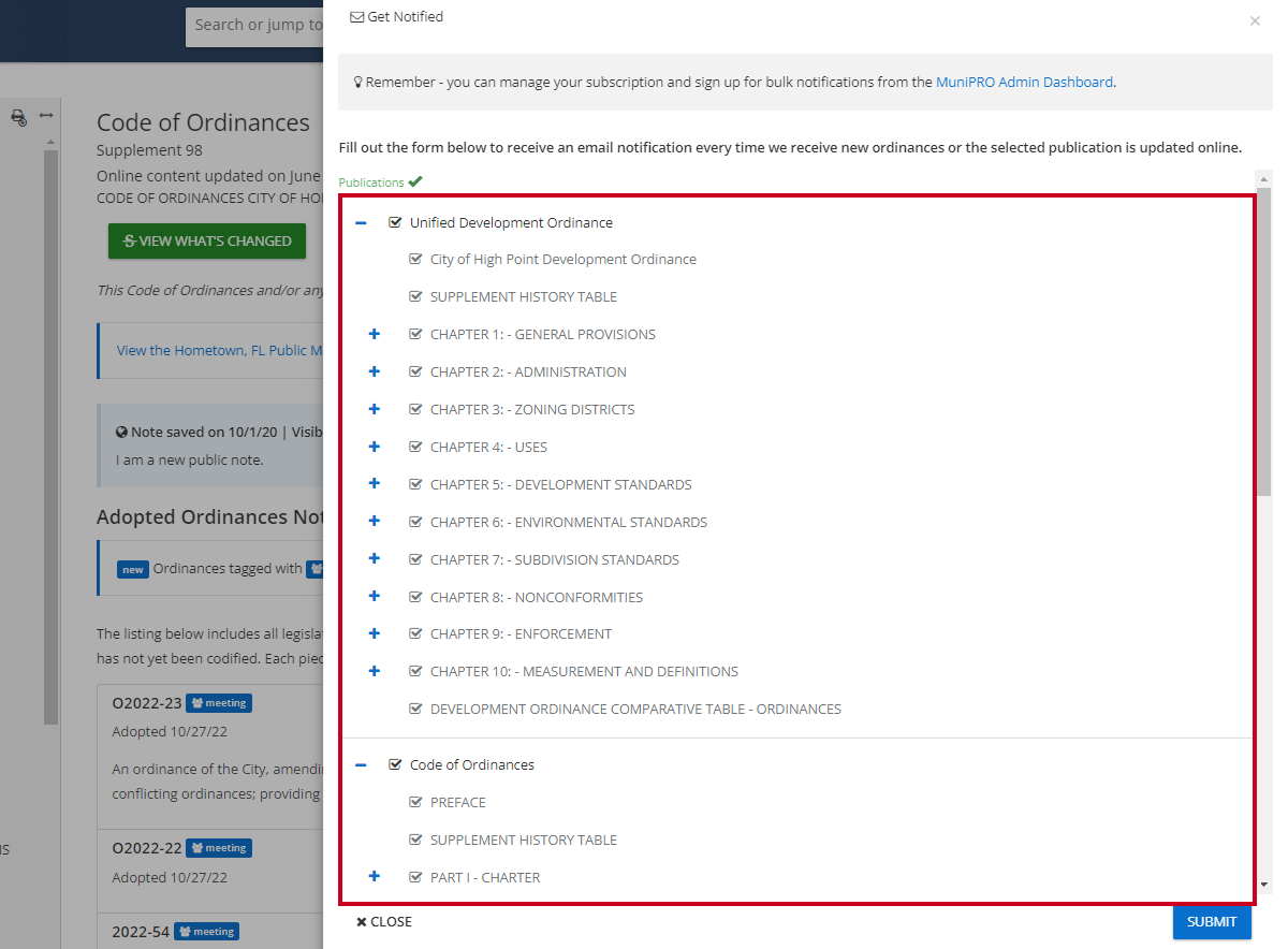 code and section check boxes