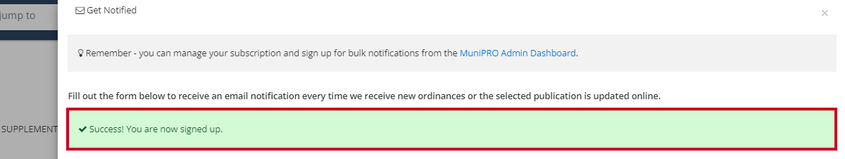 successful sign up message