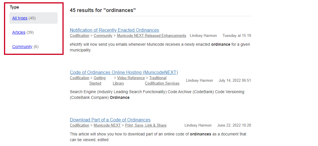 search filters in left sidebar