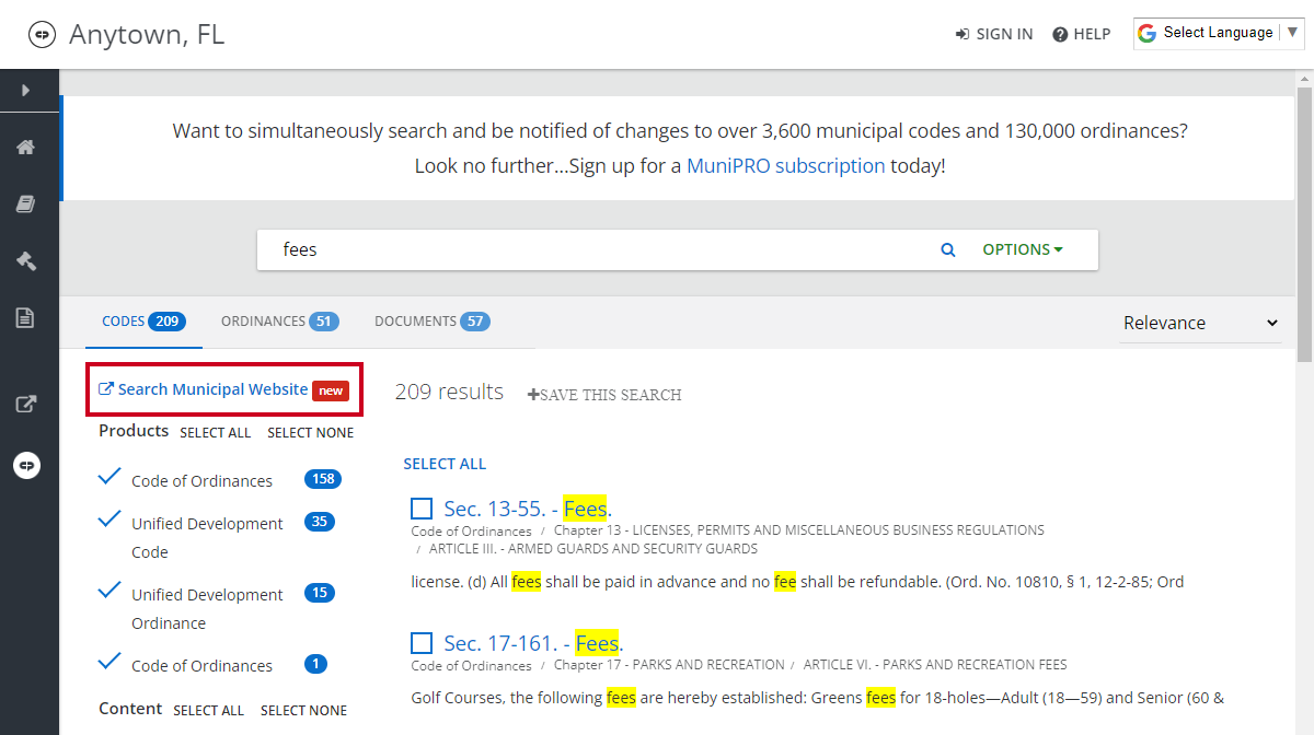 search municipal website link on search results page