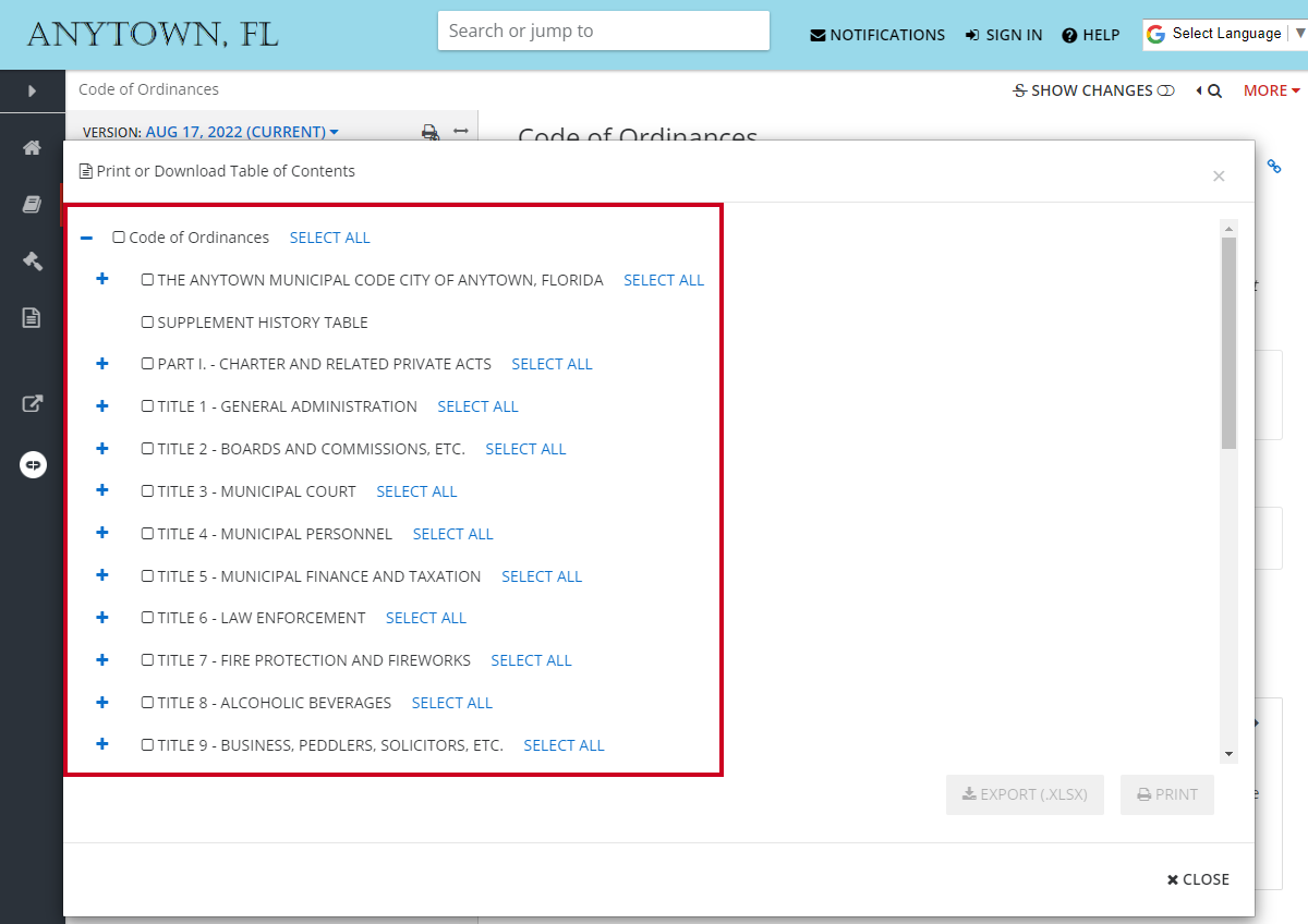 table of contents options and check boxes