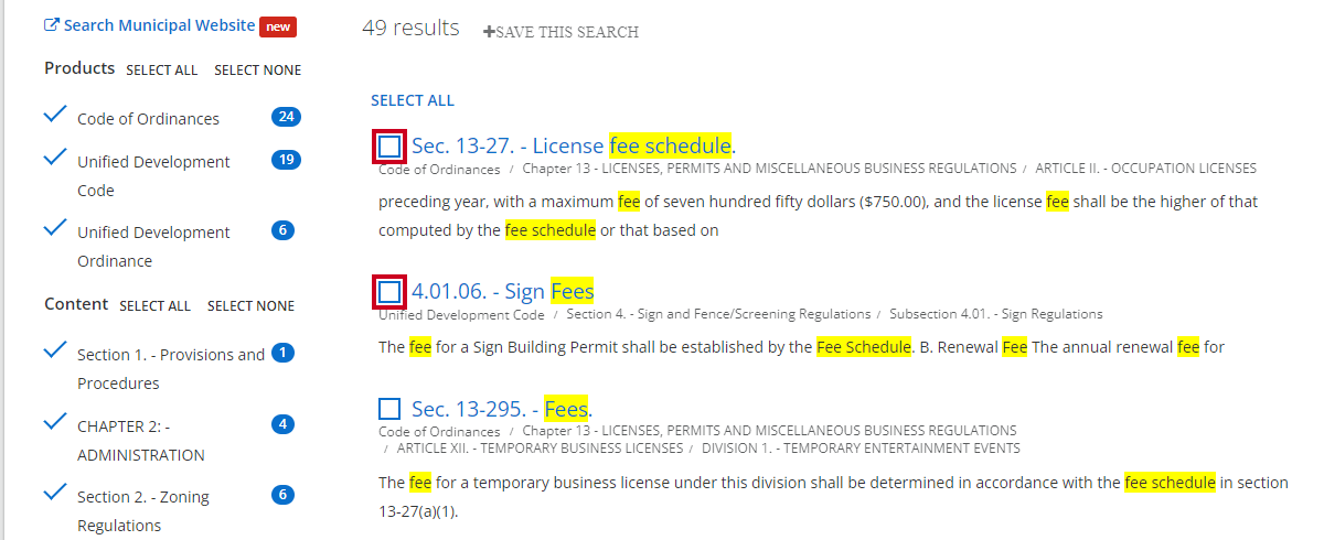 search results check boxes