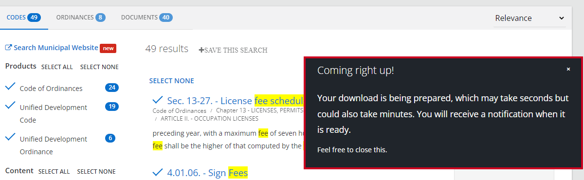 download notification box