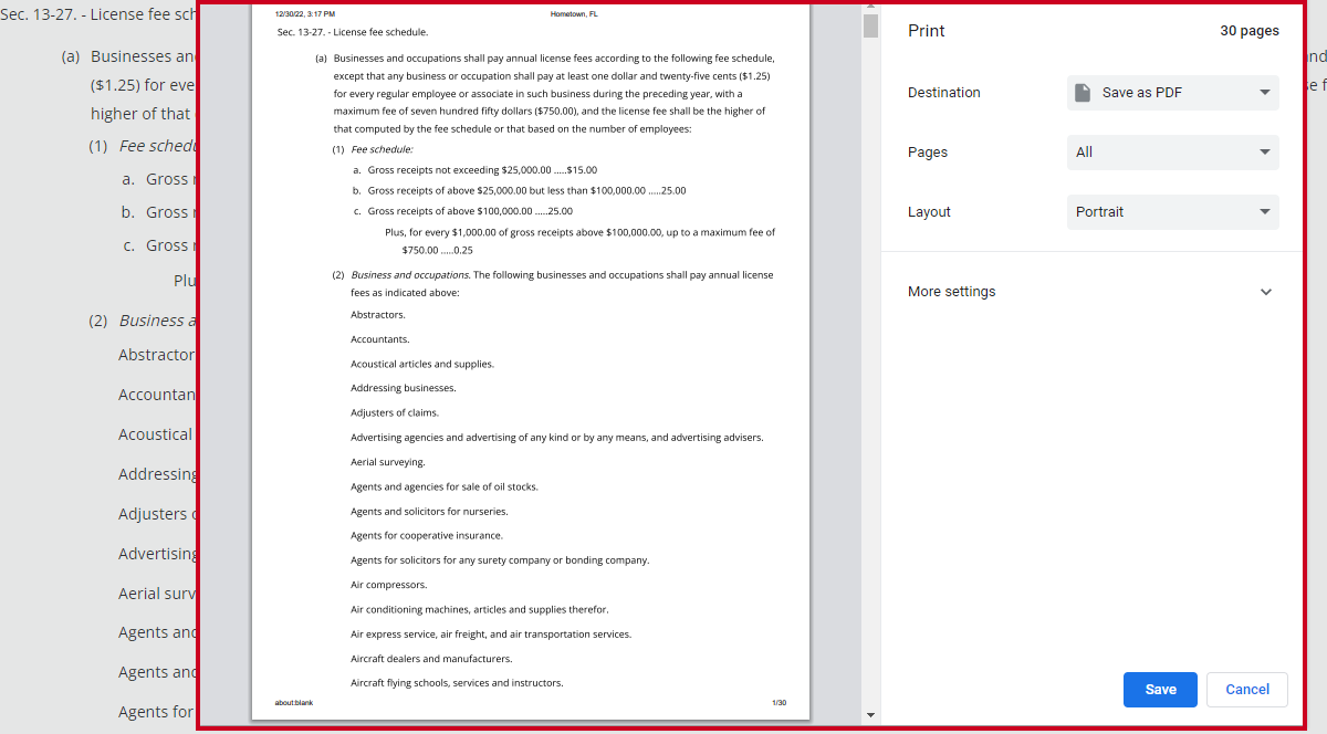 Chrome browser print dialog box