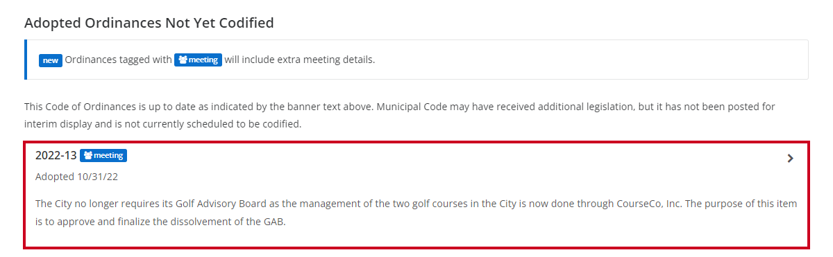 adopted but not codified ordinance entry on the online code homepage