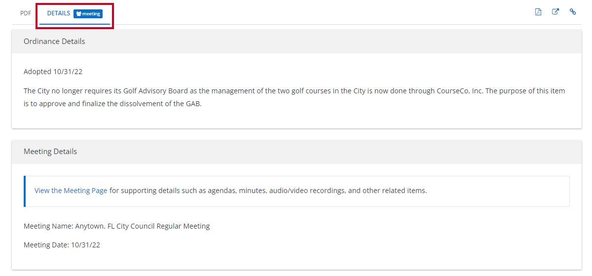 ordinance details tab with ordinance details and public meeting detail page hyperlink