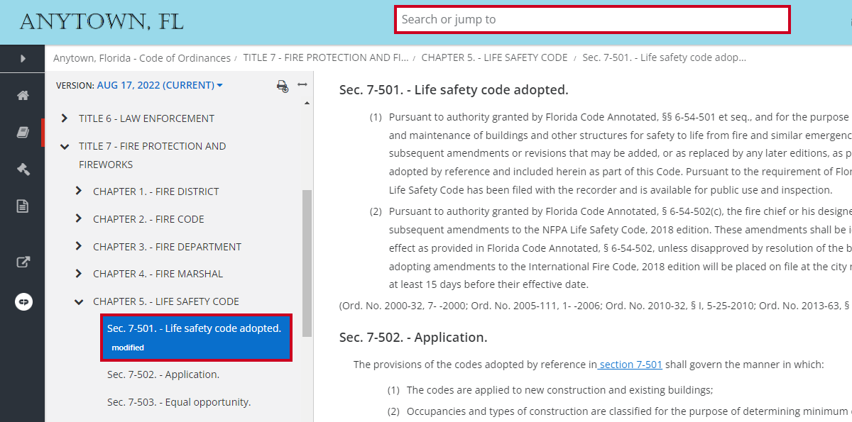 search or jump to box and table of contents selection