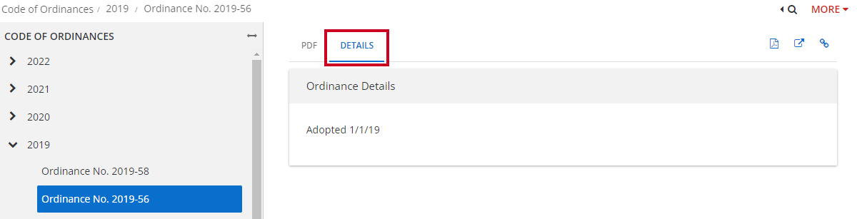 ordinance details tab