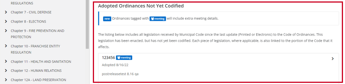 adopted ordinances not yet codified list