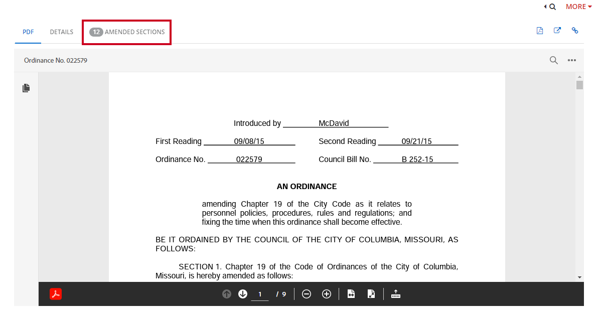 amended sections tab