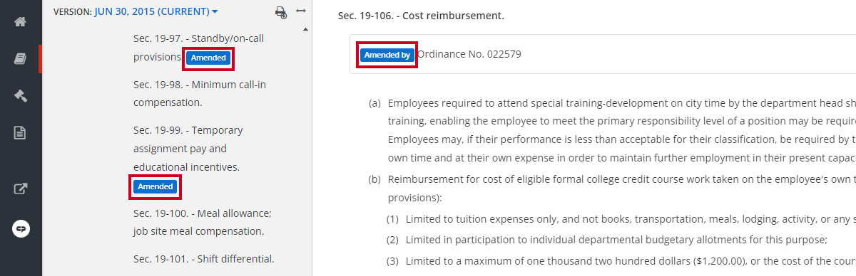 amended and amended by tags within the table of contents and the code