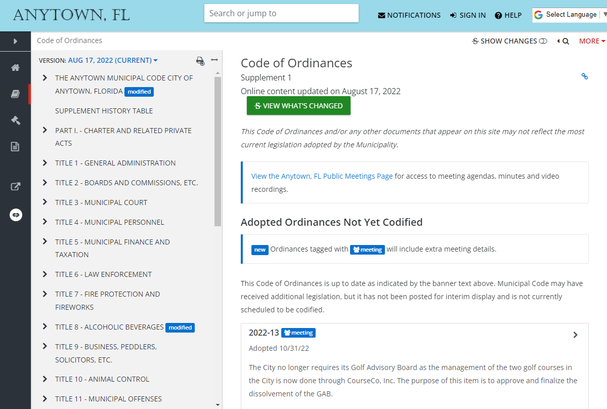 Anytown, Florida code library homepage