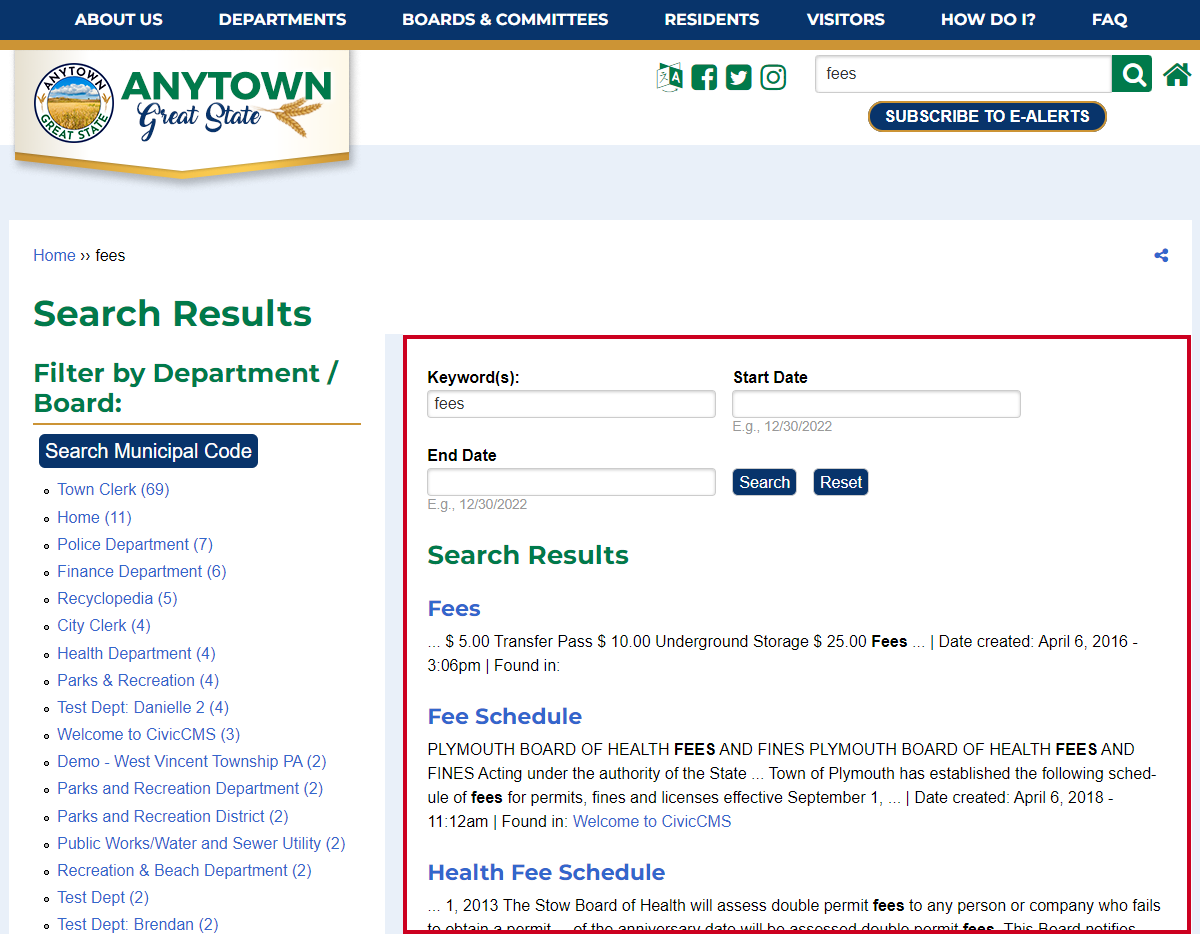 municipal website search results page