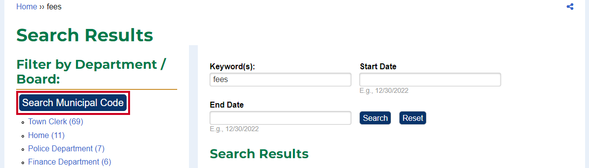 municipal website search results search municipal code button