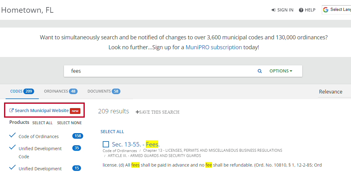 code library search results search municipal website hyperlink