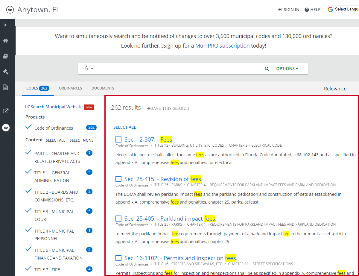 code library search results list