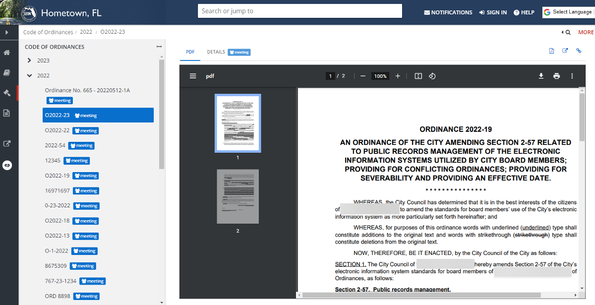An example ordinance PDF within the Online Code Hosting website.