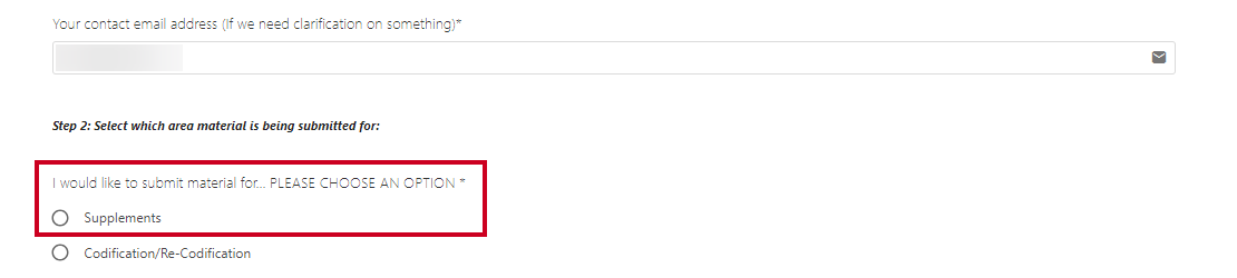 The I would like to submit material for field with the Supplements radio button highlighted.