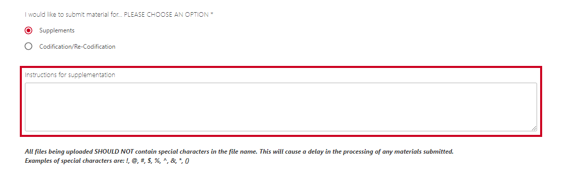 The Instructions for supplementation text box.