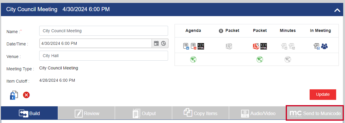 The Send to Municode tab on an example Agenda and Meeting Management Essential Meeting Detail Screen.