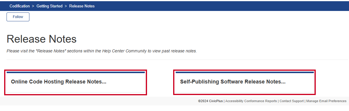 The Online Code Hosting Release Notes and Self-Publishing Software Release Notes tiles.