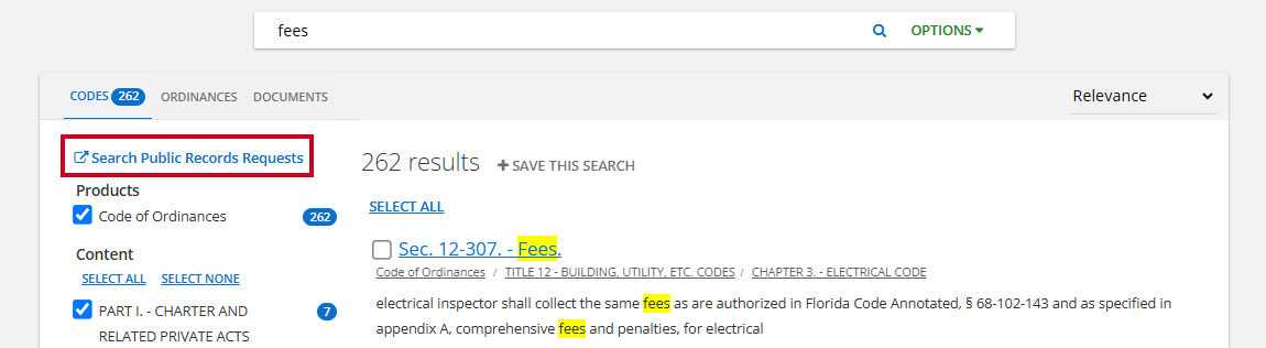 An example Search Public Records Requests link within the Code Library search interface.