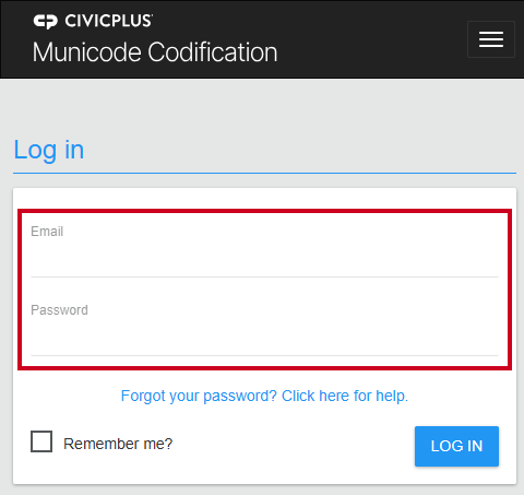 The Email and Password fields on the Code Library Log In window.