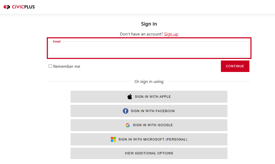 The Email field on CivicPlus sign-on screen.