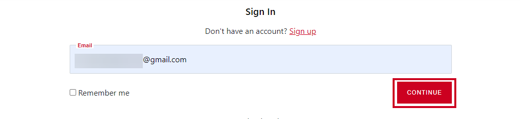 The red, rectangular Continue button under Email field.