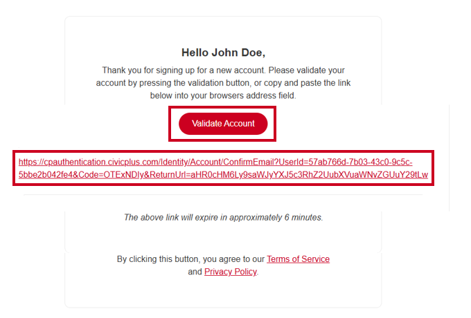 The round Validate Account button and a validation link.