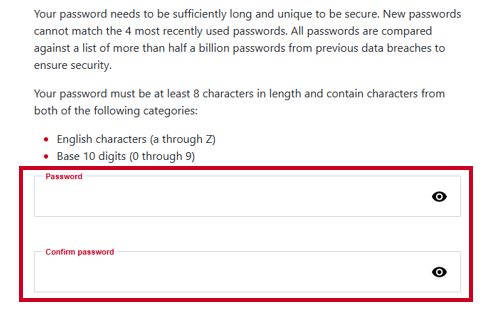 The Password and Confirm password fields on the Reset password page.