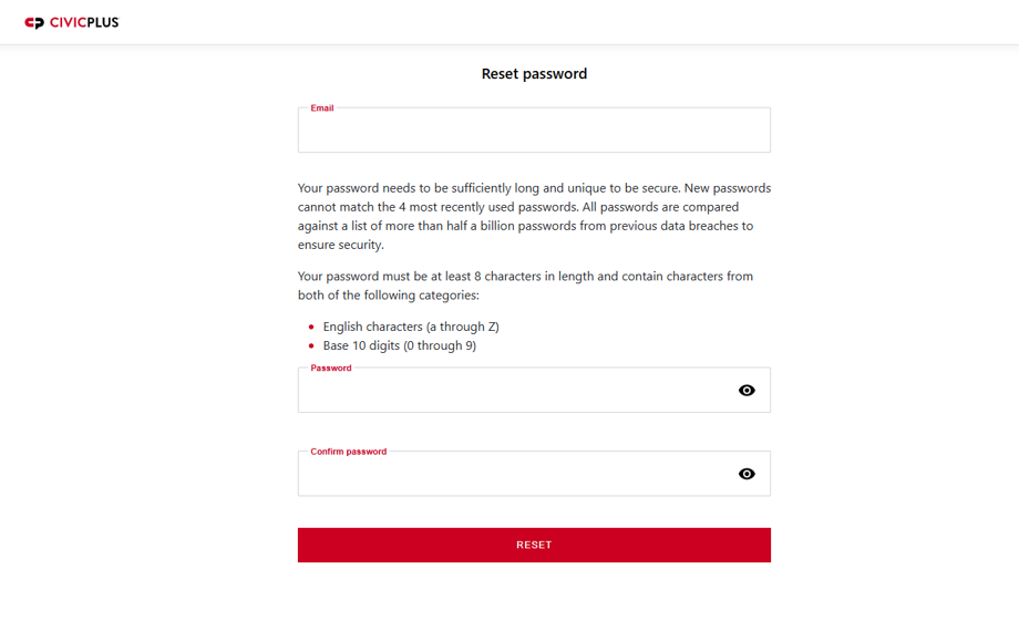 The Reset Password screen.