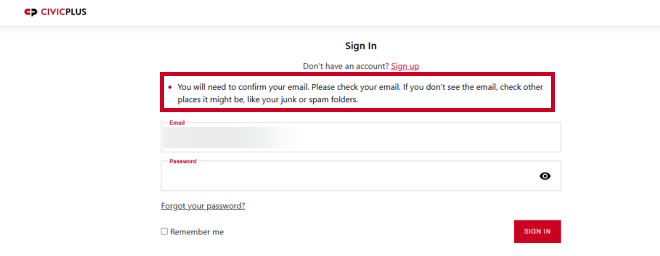 An email confirmation sent message below the Sign In header.