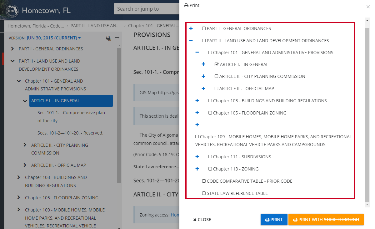 check boxes of desired articles or sections