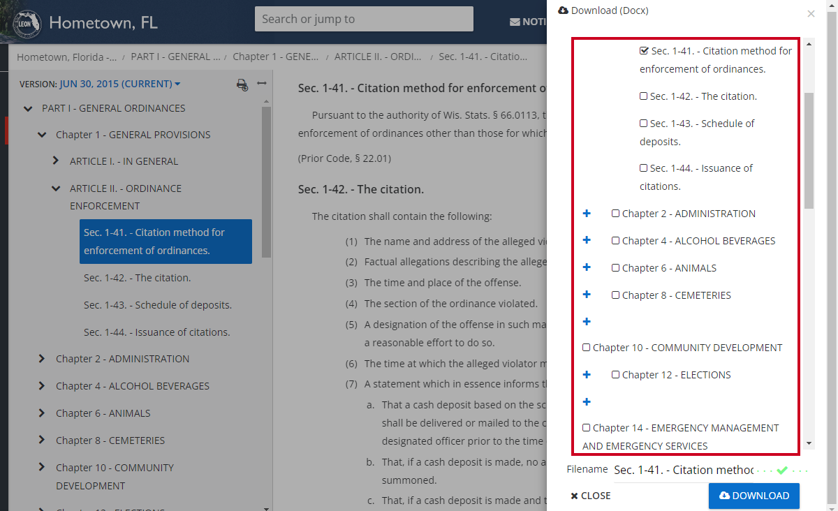 check boxes of desired articles or sections
