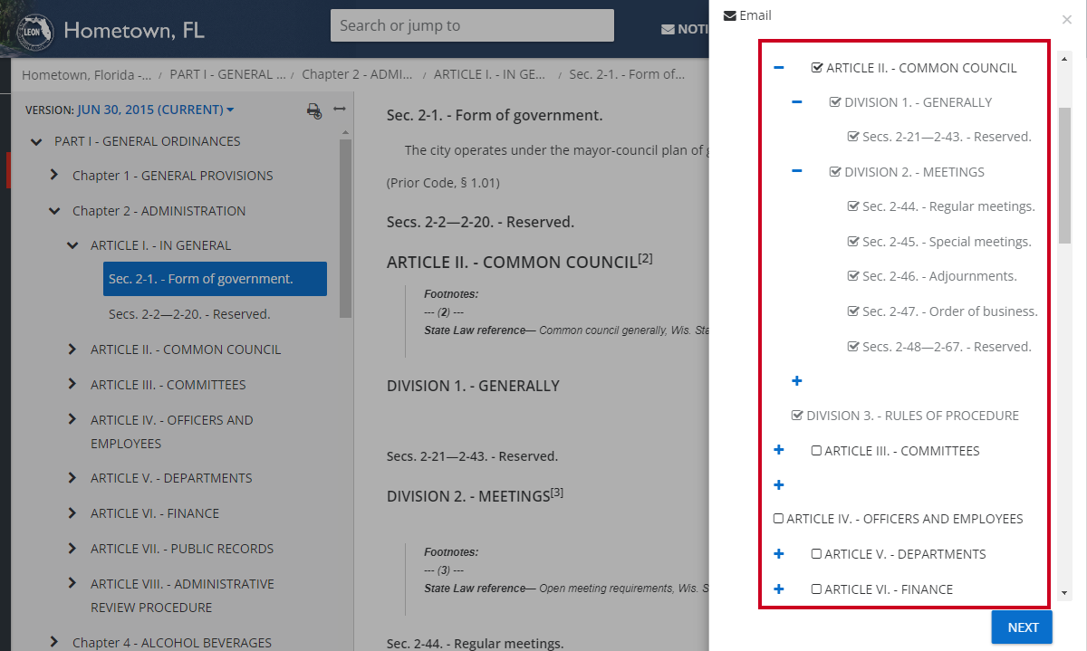 check boxes of desired articles or sections