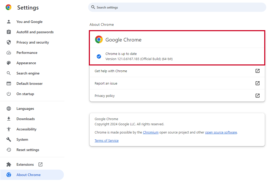 The About Chrome box and current version information on the Google Chrome Settings page.