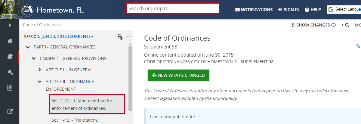search box and table of contents