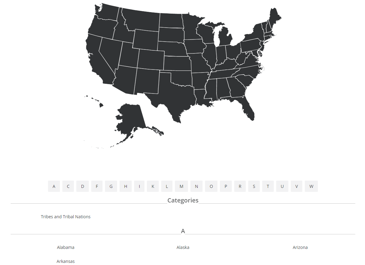 map of USA with alphabet list, categories, and states that start with the letter A