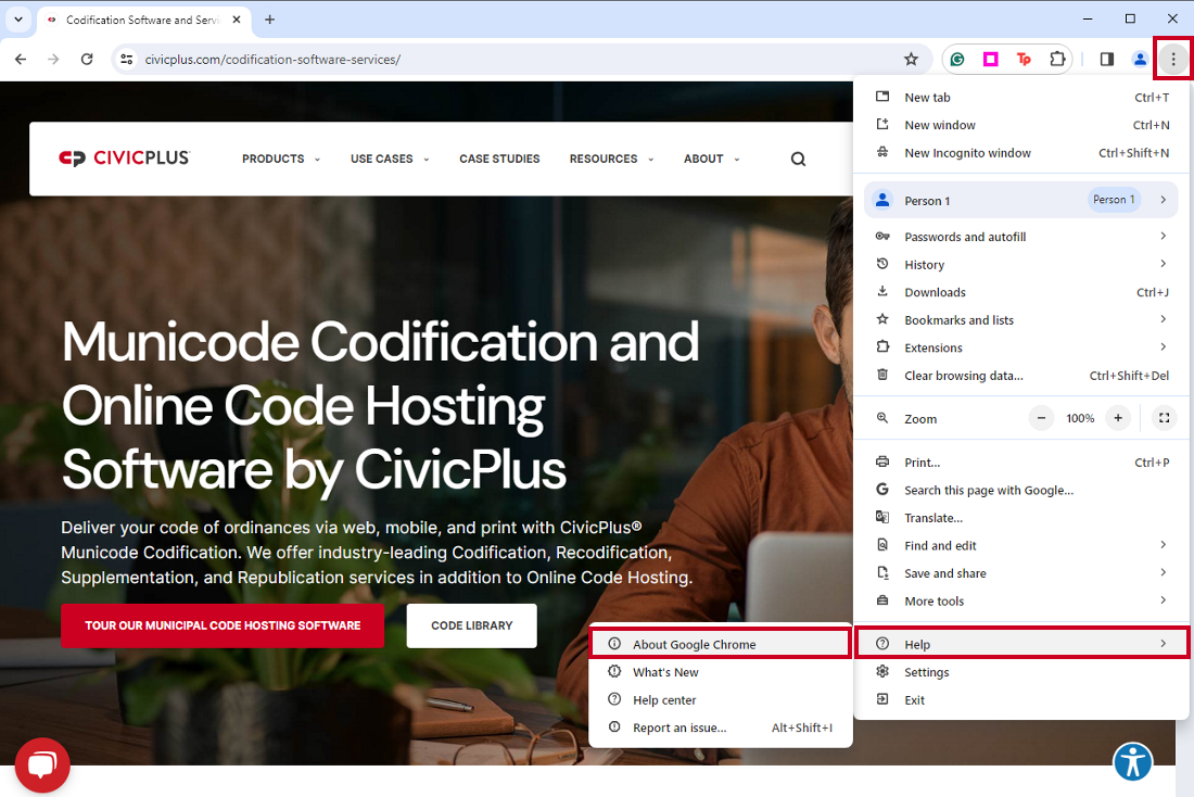 An example Google Chrome browser window with the More menu and Help and About Google Chrome options highlighted.