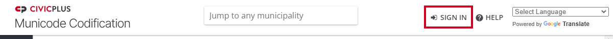 The white Sign In button in the upper-right corner of the screen to the right of the Jump to any municipality box.