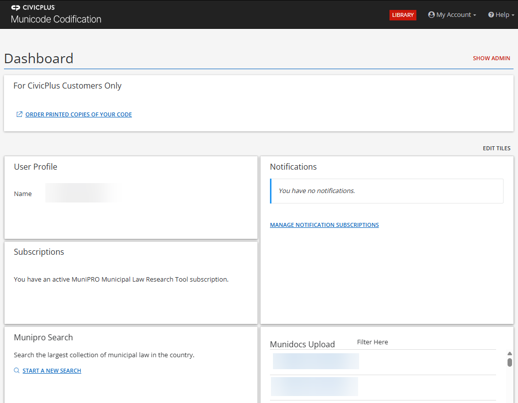 An example Code Library dashboard.
