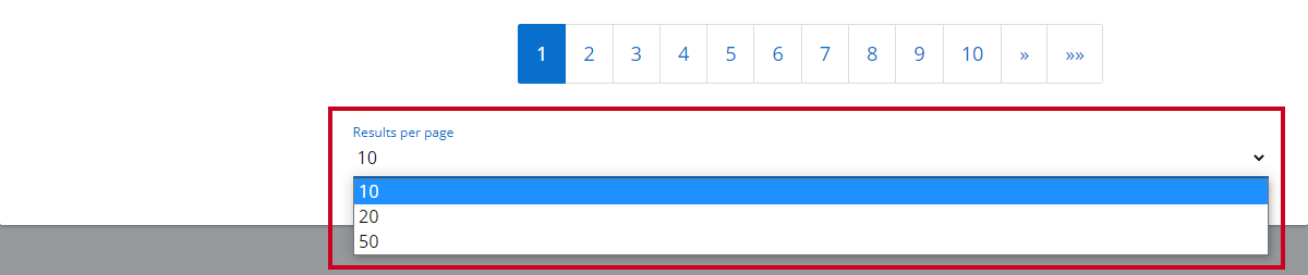 results per page drop-down list