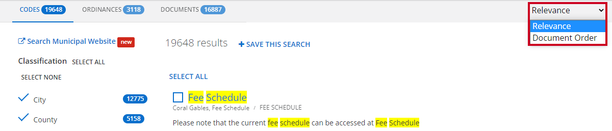 sort search by relevance or document order
