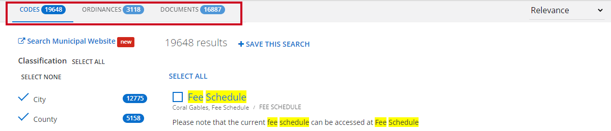 Codes, Ordinances, and Documents filters
