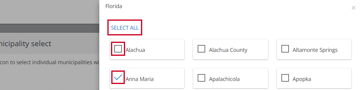 select all button and check or uncheck individual municipalities
