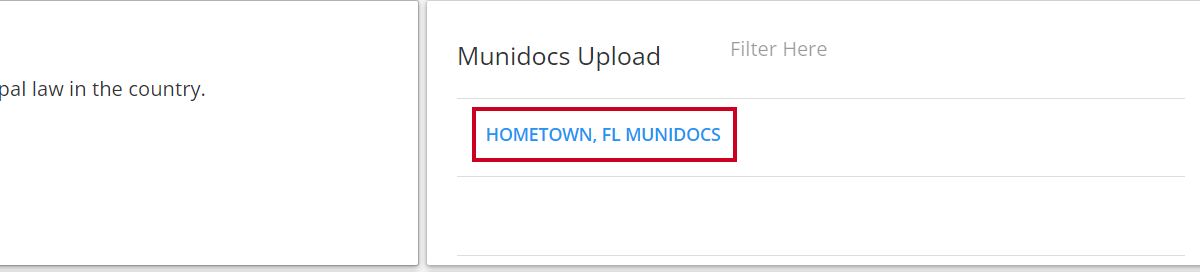 munidocs upload section with municipality listed