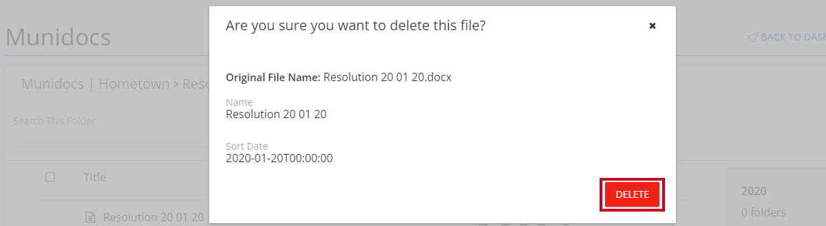 delete button to confirm deletion