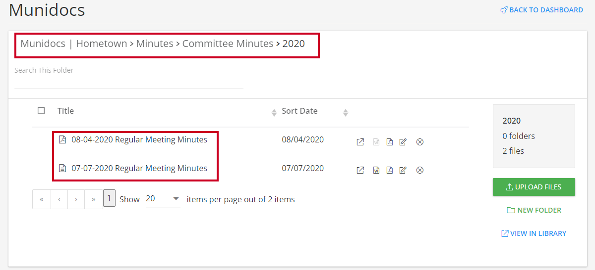minutes, files, and folders nested under the minutes document type