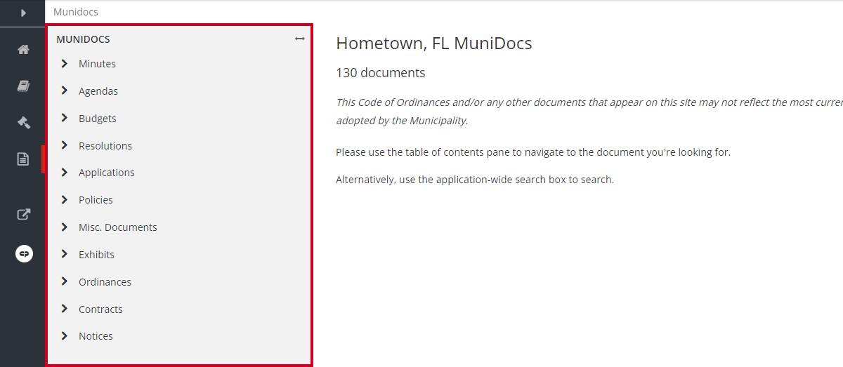 select document in type table of contents